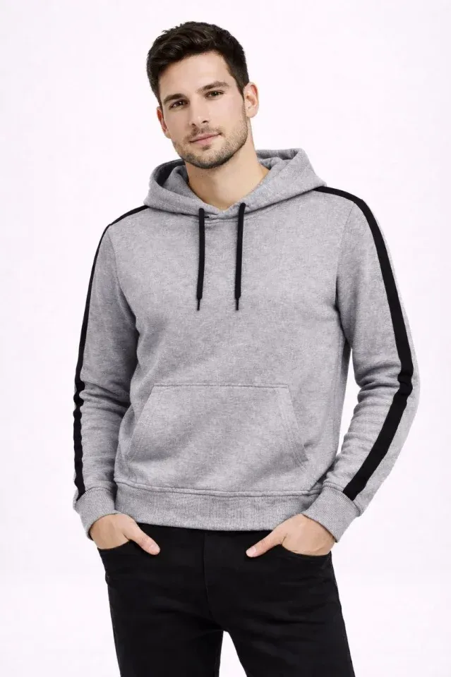 Erkek Şeritli Kapüşonlu Sweatshirt Oversize 3 Iplik Pamuklu - Gri
