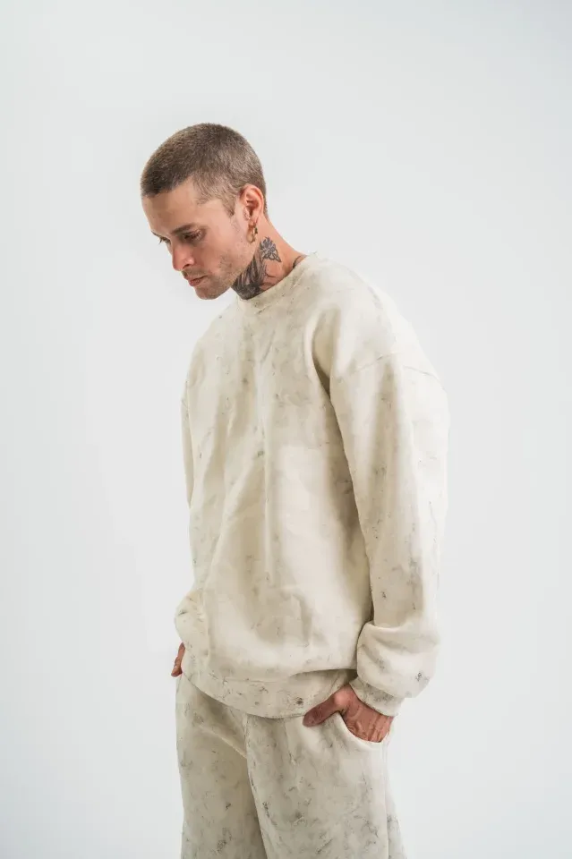 Erkek 3 İplik Pamuklu Yağ Yıkamalı Sweatshirt Double Oversize Bisiklet Yaka Uzun Kol - Krem