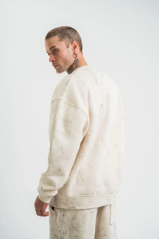 Erkek 3 İplik Pamuklu Yağ Yıkamalı Sweatshirt Double Oversize Bisiklet Yaka Uzun Kol - Krem