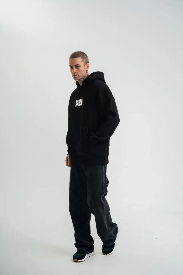 Unisex Kapşonlu Uzun Kol Patchli Nakışlı SweatShirt - Siyah