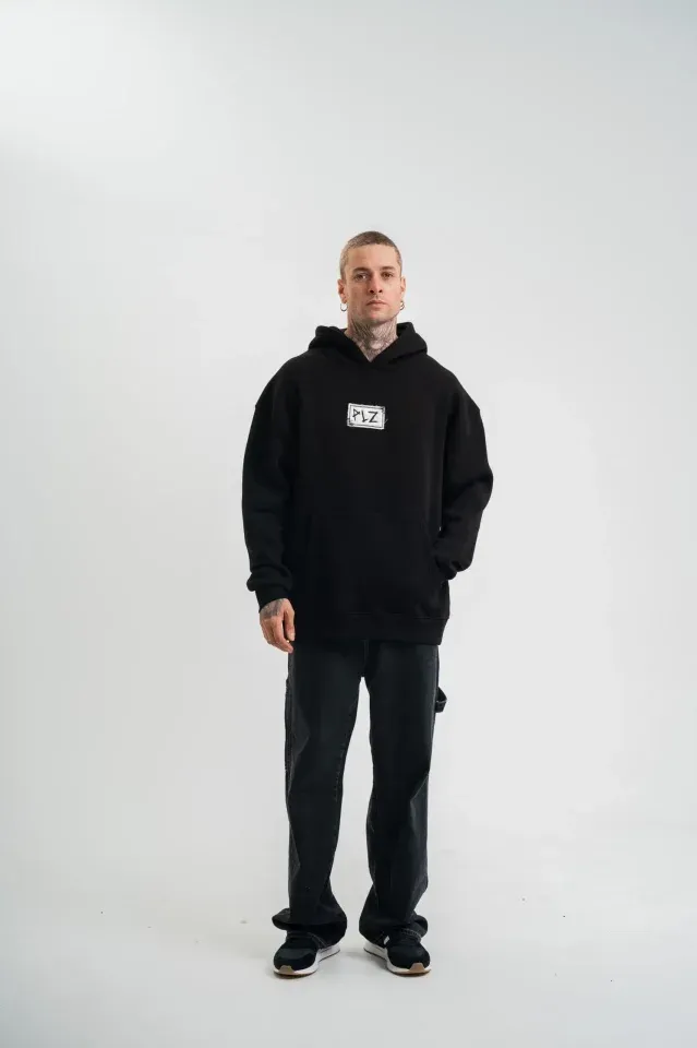 Unisex Kapşonlu Uzun Kol Patchli Nakışlı SweatShirt - Siyah
