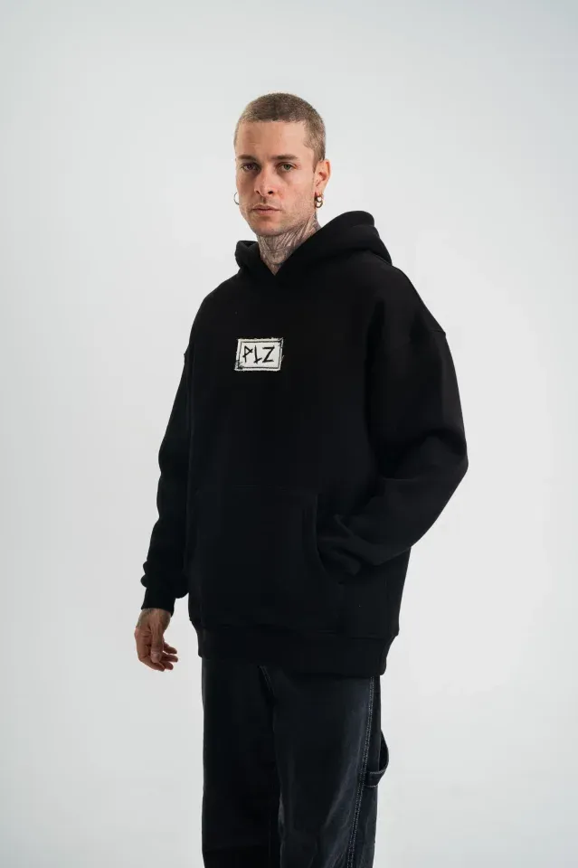 Unisex Kapşonlu Uzun Kol Patchli Nakışlı SweatShirt - Siyah