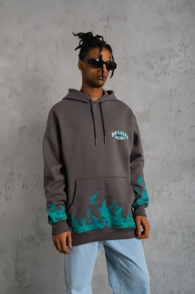 Erkek Üç İplik İçi Pamuklu Alev Baskılı Kapüşonlu Sweatshirt - Gri