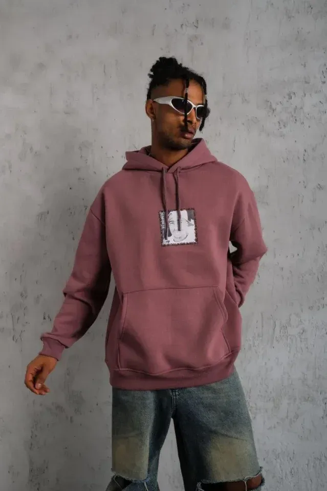 Erkek Ön Arka Baskılı Kapşonlu Sweat - Gül Kurusu