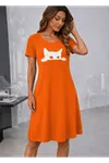 Kadın Kısa Kollu Bisiklet Yakalı Kedi Desenli Viskon Kısa Elbise