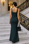 Kadın Askılı Kare Yakalı Yırtmaçlı Uzun Ithal Krep Elbise