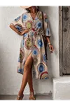 Kadın Kısa Kollu önü Açık Belden Kuşaklı Uzun Kimono