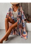 Kadın Kısa Kollu önü Açık Belden Kuşaklı Uzun Kimono
