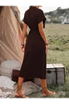 Kadın Kısa Kollu Kruvaze Yakalı Belden Kuşaklı Midi Dokuma Viskon