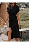 Kadın Kısa Kollu Kruvaze Yakalı Belden Kuşaklı Midi Dokuma Viskon