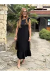 Kadın Omuzlardan Büzgülü Kayık Yaka Fırfırlı Janjan Krep Elbise