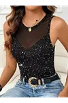 Kadın Sıfır Kollu Tül Ve Taş Detaylı Dalgıç Bluz
