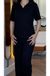 Kadın Kısa Kollu Yakalı Viskon Iki Iplik Bluz Ve Pantolon Ikili Takım