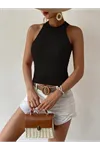 Kadın Kolsuz Halter Yaka Mini Baklava Desenli Triko Bluz