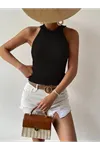 Kadın Kolsuz Halter Yaka Mini Baklava Desenli Triko Bluz
