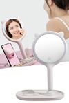 TBL Dekor® Kedi Kulaklı Telefon Standlı Yuvarlak Dokunmatik Led Ayarlı Masa Üstü Makyaj Aynası