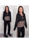 Kadın Uzun Kollu Leopar Detay Sweat Ve Yanı Leopar şerit Detay Pantolon Ikili Takım