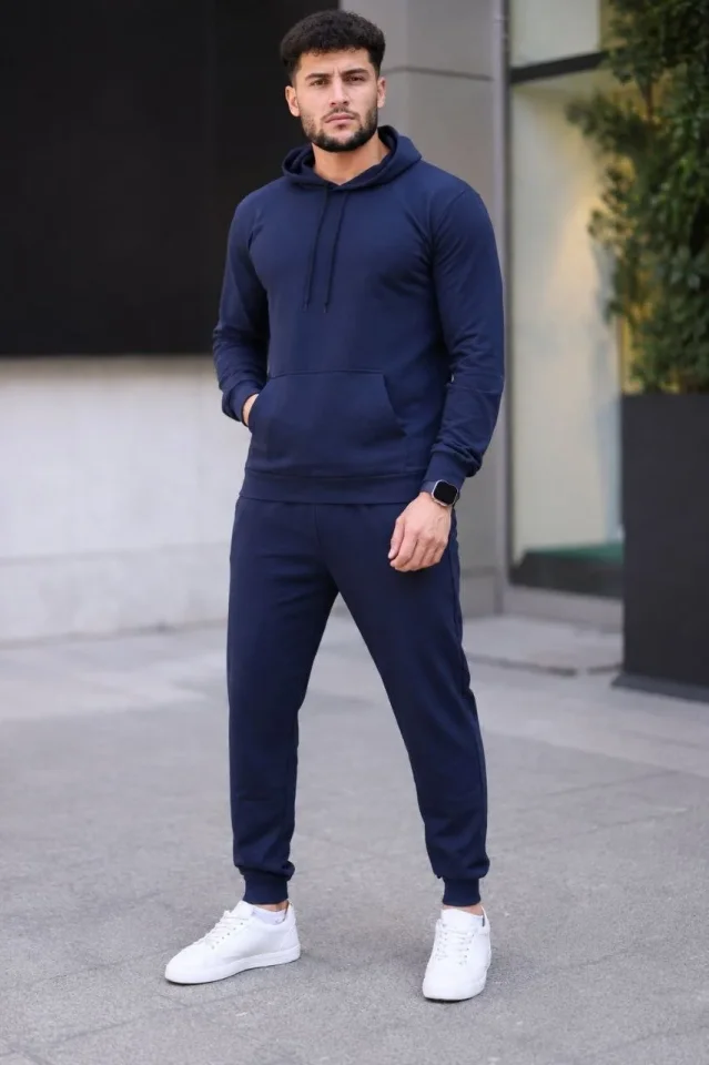 Erkek İki İplik Kapüşonlu Kanguru Cepli Sweatshirt Jogger Pantolon Alt Üst Eşofman Takımı - Lacivert