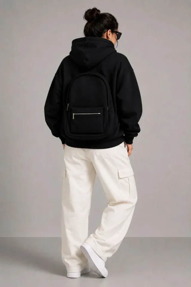 3 İplik Şardonlu Tam Fermuarlı Kapüşonlu Arka Çanta Detaylı Sweatshirt - Siyah