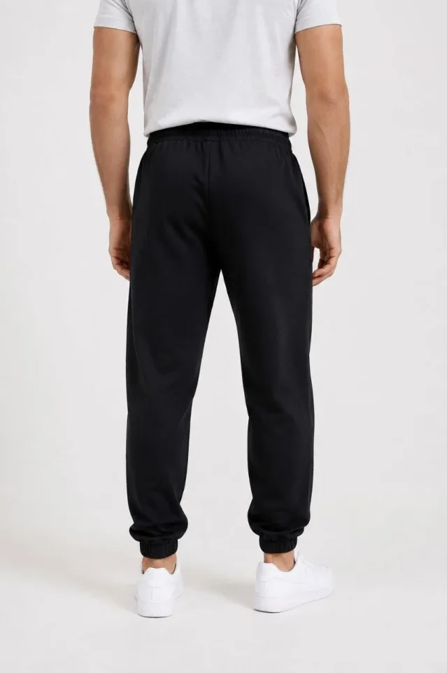 Erkek İki İplik Beli Lastikli Bağcıklı Regular Fit Jogger Eşofman Altı - Siyah