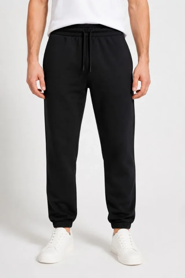 Erkek İki İplik Beli Lastikli Bağcıklı Regular Fit Jogger Eşofman Altı - Siyah