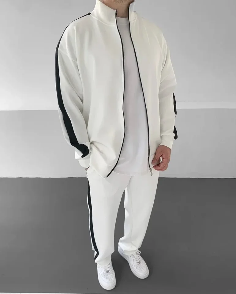 Erkek Scuba Kumaş Oversize Şerit Detaylı Fermuarlı Alt Üst Eşofman Takımı - Beyaz