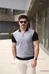 Erkek Polo Yaka Fermuar Detaylı Çizgili Tişört