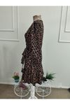 Kadın Uzun Kollu Kruvaze Yakalı Belden Bağcıklı Kısa Leopar Desenli Modal Elbise