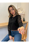 Kadın Uzun Kollu Bisiklet Yaka Kolları çiçekli Waffle Bluz