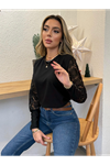 Kadın Uzun Kollu Bisiklet Yaka Kolları çiçekli Waffle Bluz