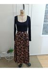 Kadın Uzun Kollu Kare Yakalı Viskon Eteği Desenli Süprem Belden Kuşaklı Uzun Elbise