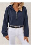 Kapüşonlu Fermuarlı Dokulu Sweatshirt