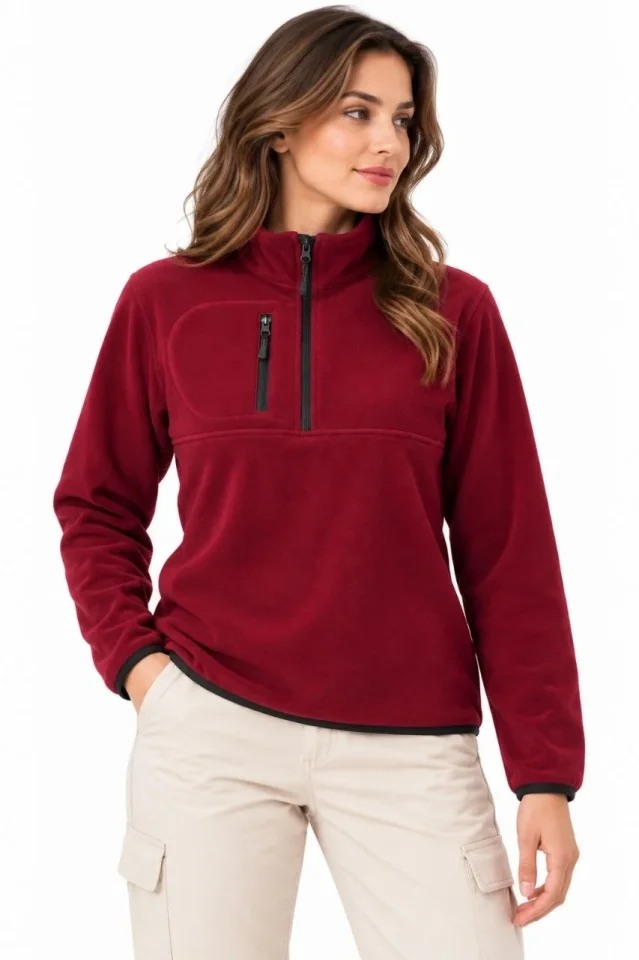 Polar Dik Yaka Yarım Fermuarlı Fermuarlı Göğüs Cepli Regular Fit Kışlık Sweatshirt - Bordo