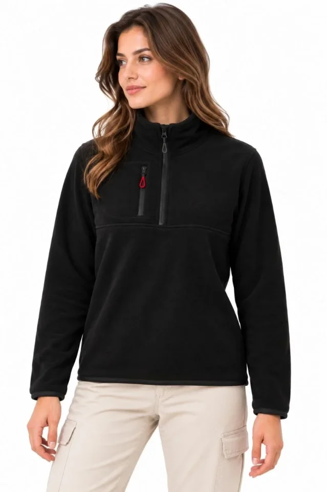 Polar Dik Yaka Yarım Fermuarlı Fermuarlı Göğüs Cepli Regular Fit Kışlık Sweatshirt - Siyah