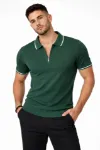 Erkek Fermuarlı Yaka Fitilli Triko Kısa Kollu Regular Fit Tişört T-shirt - Yeşil