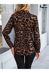 Kadın Uzun Kollu Yakalı önden Düğmeli Leopar Desenli Modal Gömlek Bluz