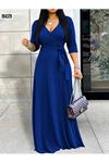 Kadın Truvakar Kollu Kruvaze Yakalı Belden Kuşaklı Uzun Viskon Iki Iplik Elbise