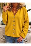 Kadın Düğme Detaylı V Yaka Oversize Hardal Sarısı Ceket / Hırka
