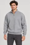 Erkek Üç İplik İçi Şardonlu Dik Yaka Yarım Fermuarlı Kışlık Sweatshirt - Grİ