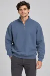 Erkek Üç İplik İçi Şardonlu Dik Yaka Yarım Fermuarlı Kışlık Sweatshirt - Mavi