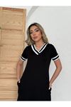 Kadın Kısa Kollu V Yaka Kol Ve Yaka Ribana Detay Midi Boy Viskon Elbise