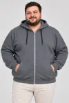 Erkek Battal Büyük Beden Üç İplik İçi Şardonlu Kapüşonlu Tam Fermuarlı Kışlık Sweatshirt - Füme