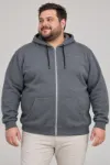 Erkek Battal Büyük Beden Üç İplik İçi Şardonlu Kapüşonlu Tam Fermuarlı Kışlık Sweatshirt - Füme