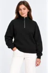 Üç İplik İçi Şardonlu Dik Yaka Yarım Fermuarlı Kışlık Sweatshirt - Siyah