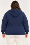 Battal Büyük Beden Üç İplik İçi Şardonlu Kapüşonlu Tam Fermuarlı Kışlık Sweatshirt - Lacivert