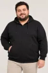 Erkek Battal Büyük Beden Üç İplik İçi Şardonlu Kapüşonlu Tam Fermuarlı Kışlık Sweatshirt - Siyah