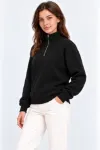 Üç İplik İçi Şardonlu Dik Yaka Yarım Fermuarlı Kışlık Sweatshirt - Siyah