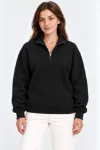 Üç İplik İçi Şardonlu Dik Yaka Yarım Fermuarlı Kışlık Sweatshirt - Siyah