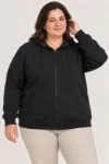 Battal Büyük Beden Üç İplik İçi Şardonlu Kapüşonlu Tam Fermuarlı Kışlık Sweatshirt - Siyah