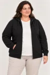 Battal Büyük Beden Üç İplik İçi Şardonlu Kapüşonlu Tam Fermuarlı Kışlık Sweatshirt - Siyah